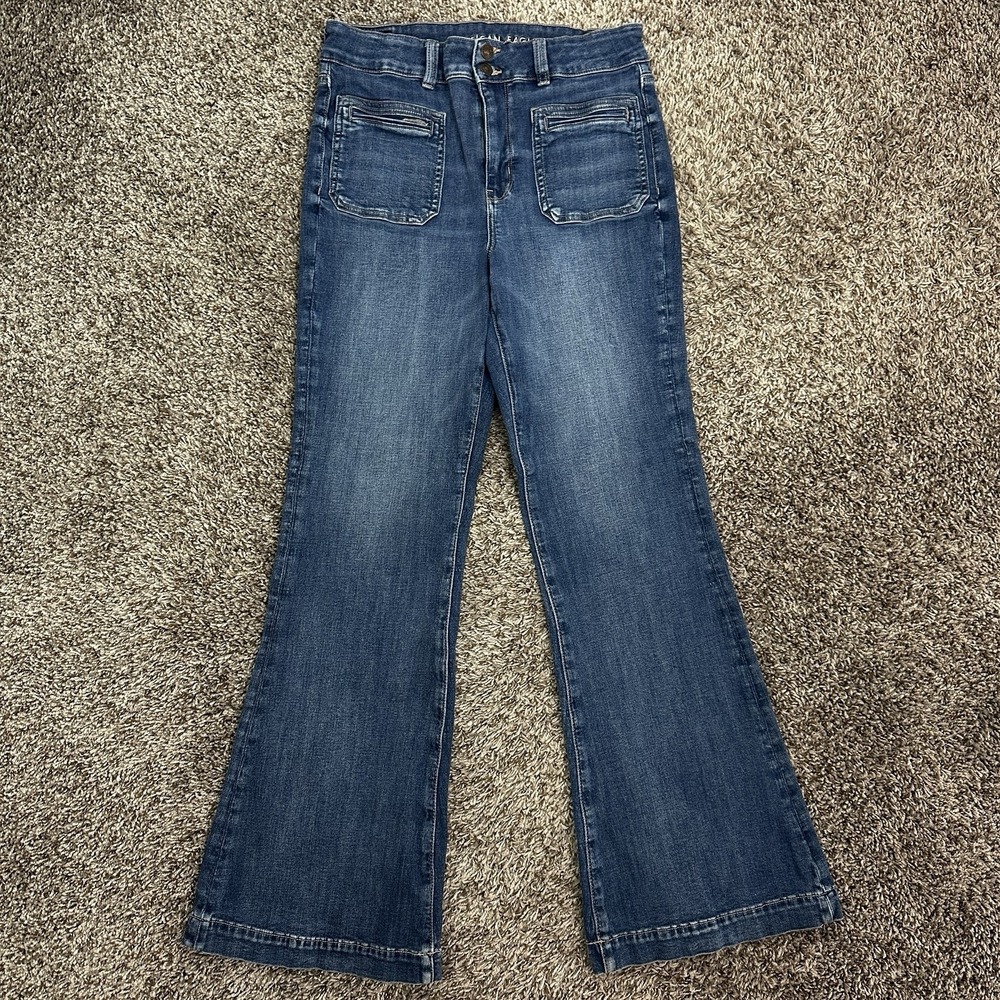 American Eagle Curvy Super High Rise Flare Jeans 12 LONG Stretch Medium Wash